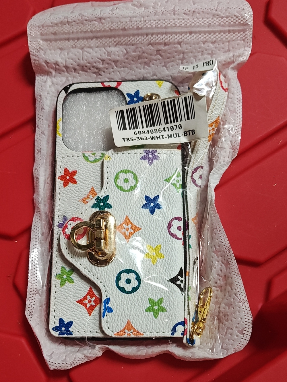 iPhone 13 Pro White Multicolor Wallet-Style Phone Case with Gold Hardware